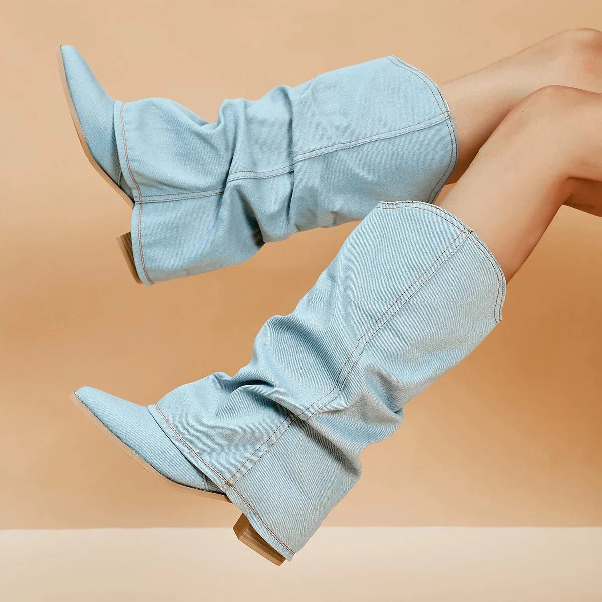 Women's Pleated Denim Cowboy Boots with Block Heel 3