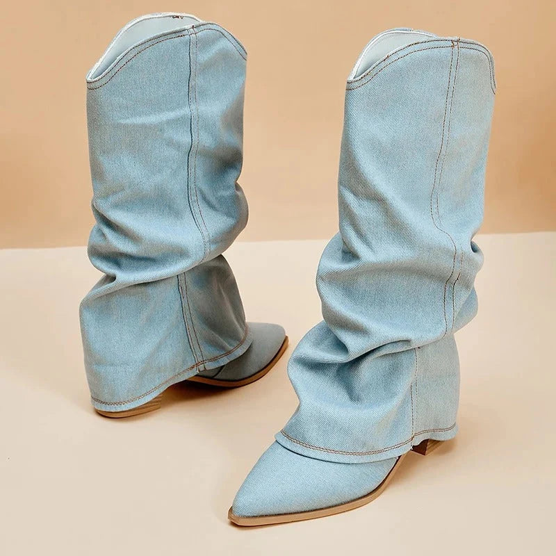 Women's Pleated Denim Cowboy Boots with Block Heel 4