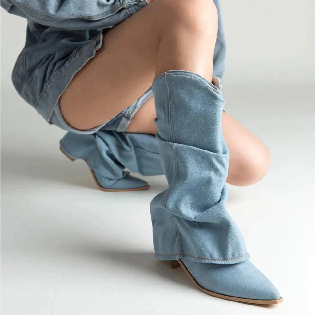 Women's Pleated Denim Cowboy Boots with Block Heel 5