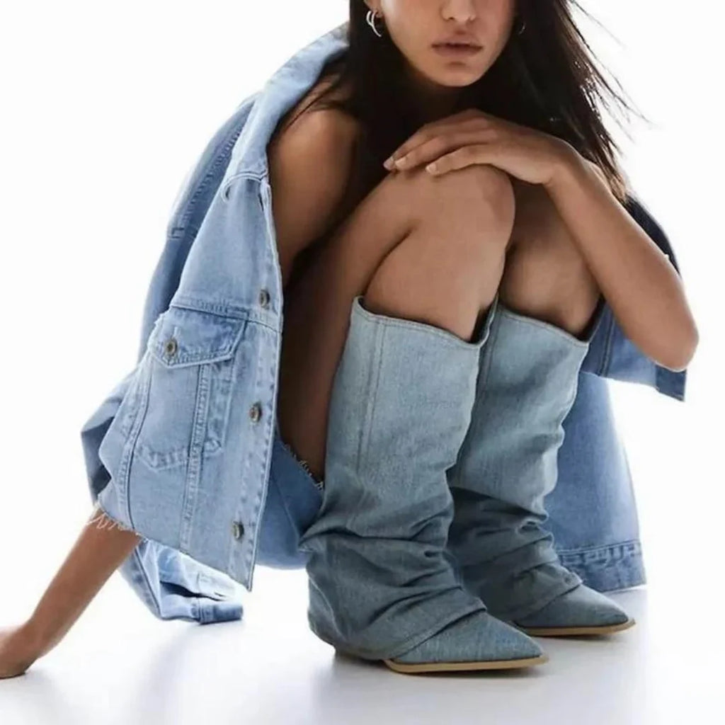 Women's Pleated Denim Cowboy Boots with Block Heel 6