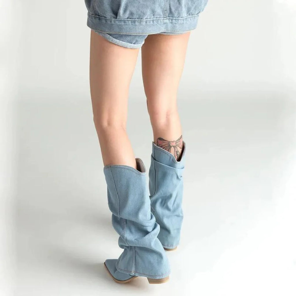 Women's Pleated Denim Cowboy Boots with Block Heel 7