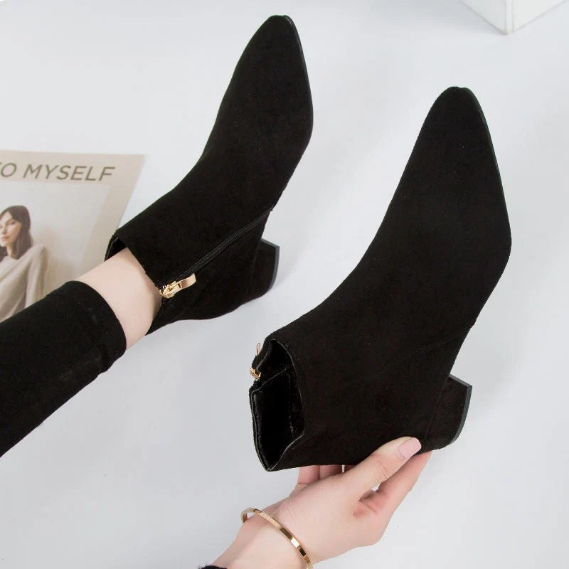 Women's Pointed-Toe Leather Ankle Boots with Block Heel 0