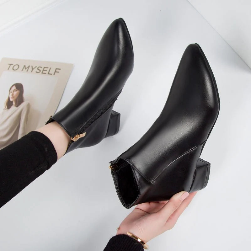 Women's Pointed-Toe Leather Ankle Boots with Block Heel 1