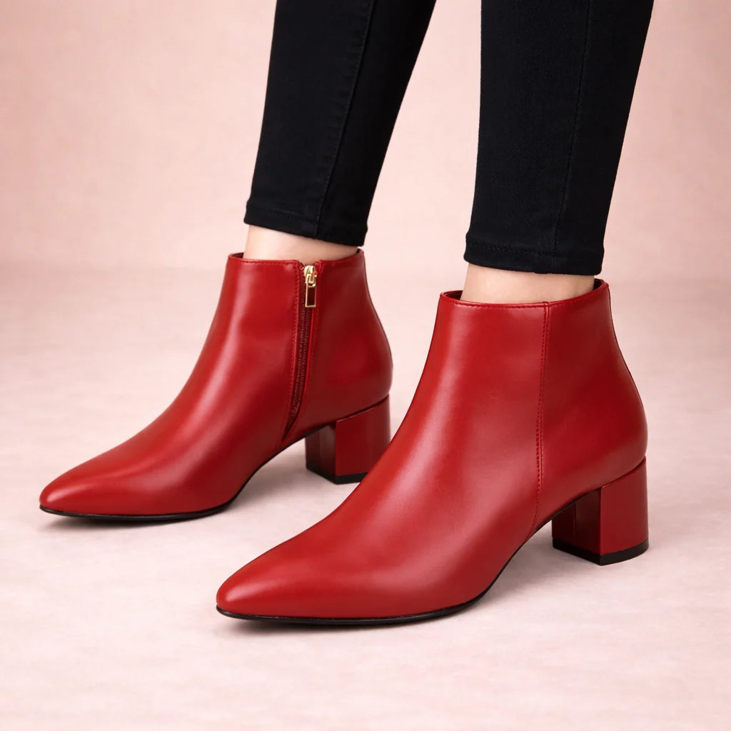 Women's Pointed-Toe Leather Ankle Boots with Block Heel 4