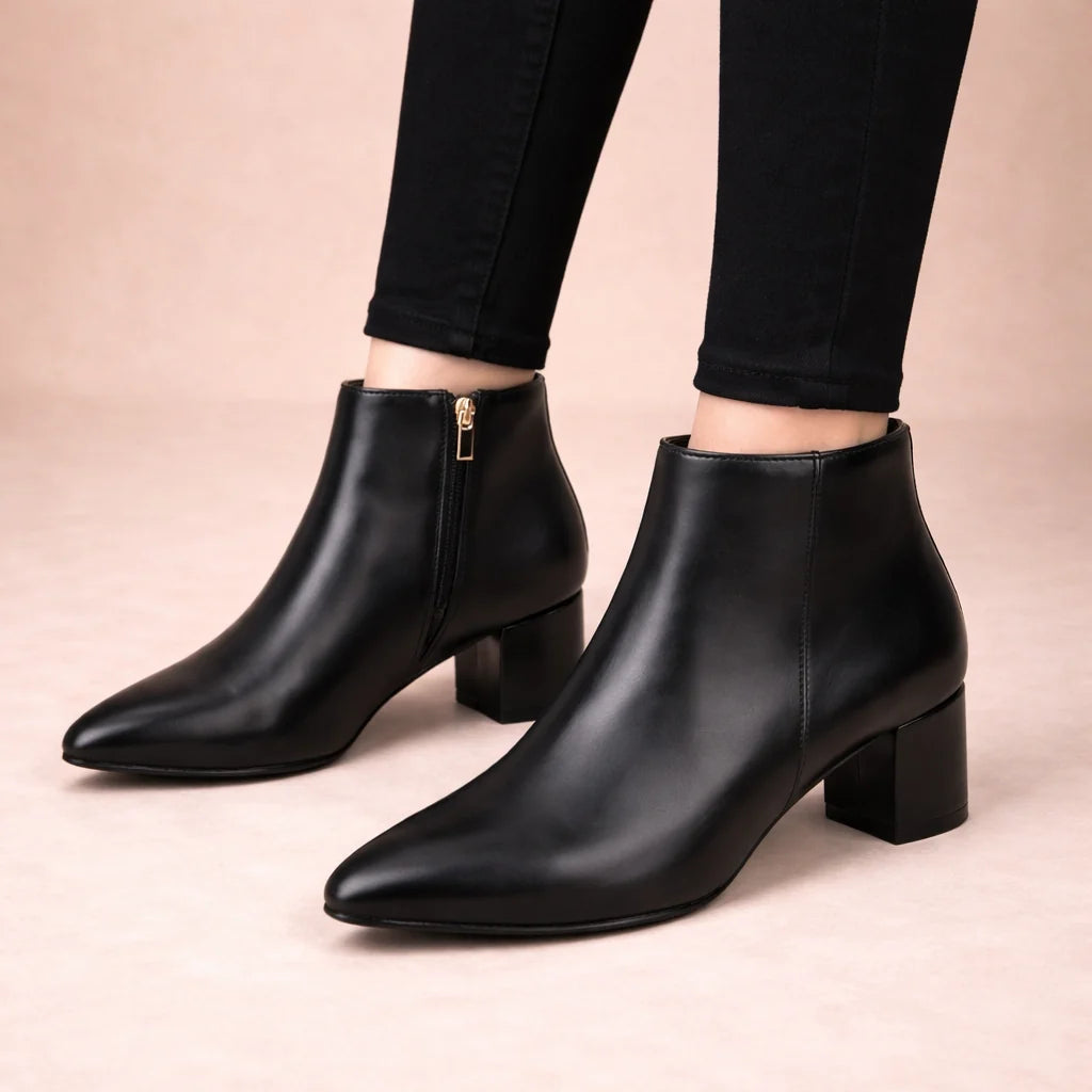 Women's Pointed-Toe Leather Ankle Boots with Block Heel 6