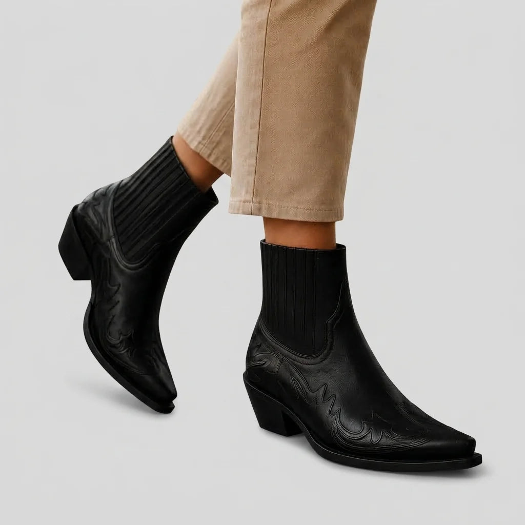 Women's Pointed-Toe Leather Ankle Boots with Western Embroidery 0