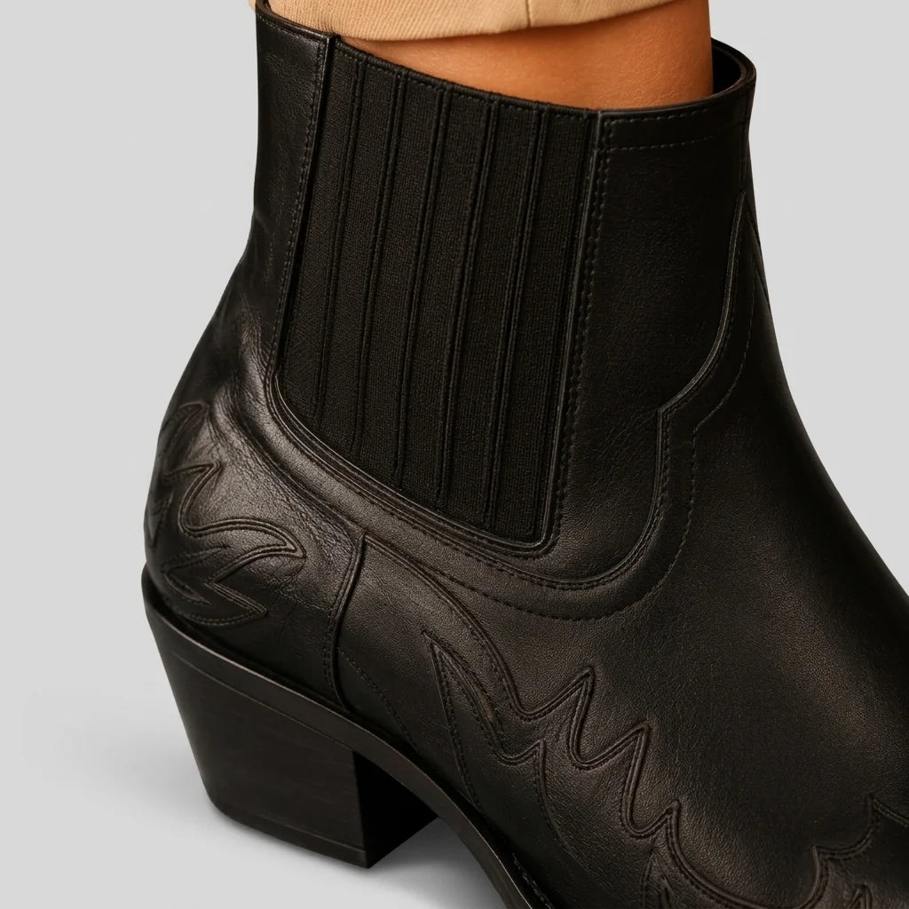 Women's Pointed-Toe Leather Ankle Boots with Western Embroidery 2