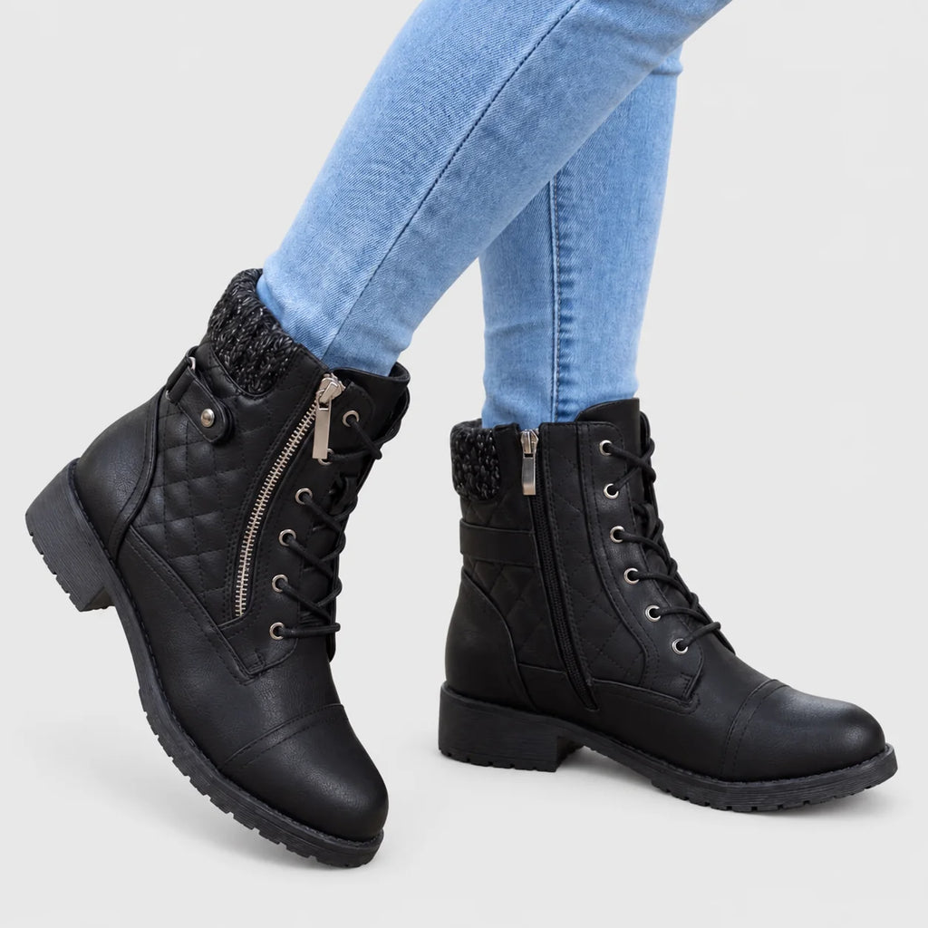 Women's Quilted Black Ankle Boots with Side Zip and Block Heel 7