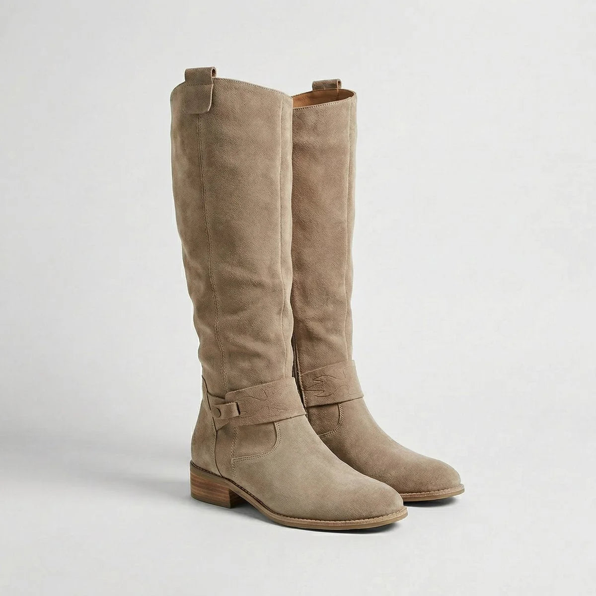Women's Slouch Knee High Boots with Buckle Strap and Low Heel 0
