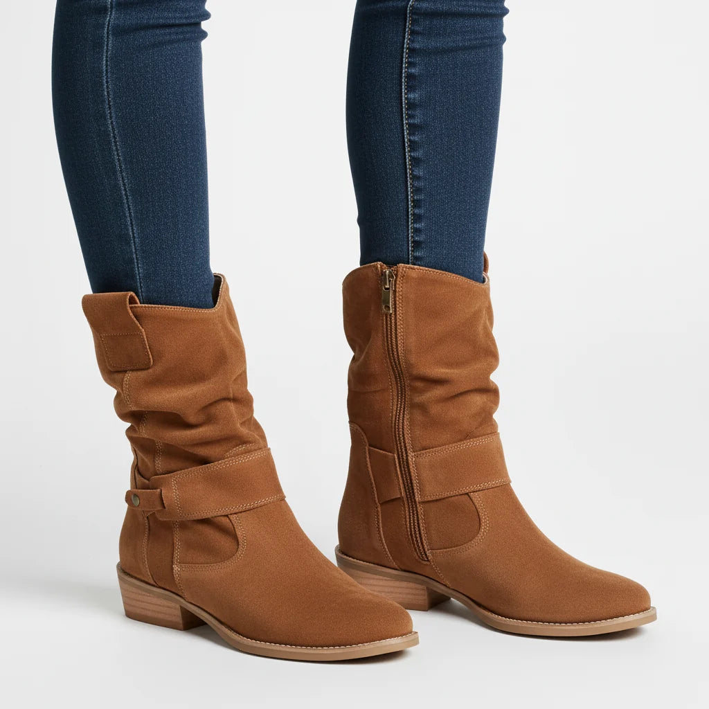 Women's Slouch Mid-Calf Boots with Side Zip and Low Block Heel 0