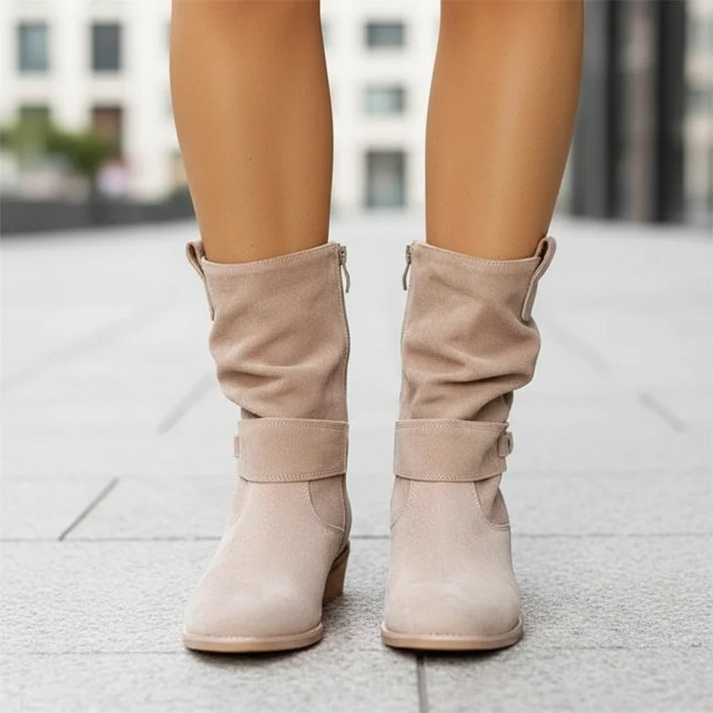Women's Slouch Mid-Calf Boots with Side Zip and Low Block Heel 5