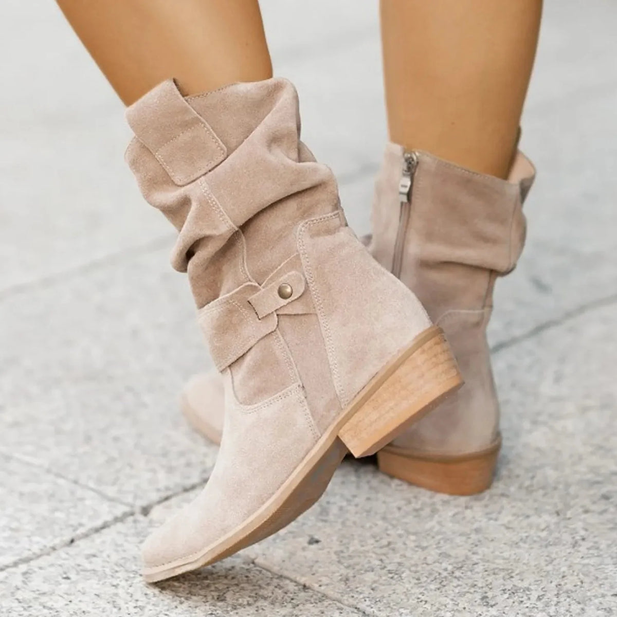 Women's Slouch Suede Ankle Boots with Wooden Block Heel 4