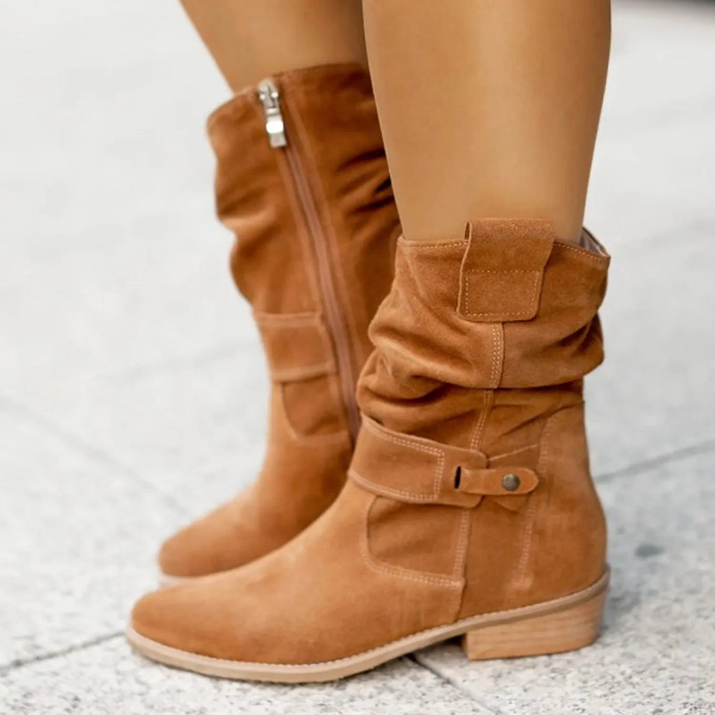 Women's Slouch Suede Ankle Boots with Wooden Block Heel 5
