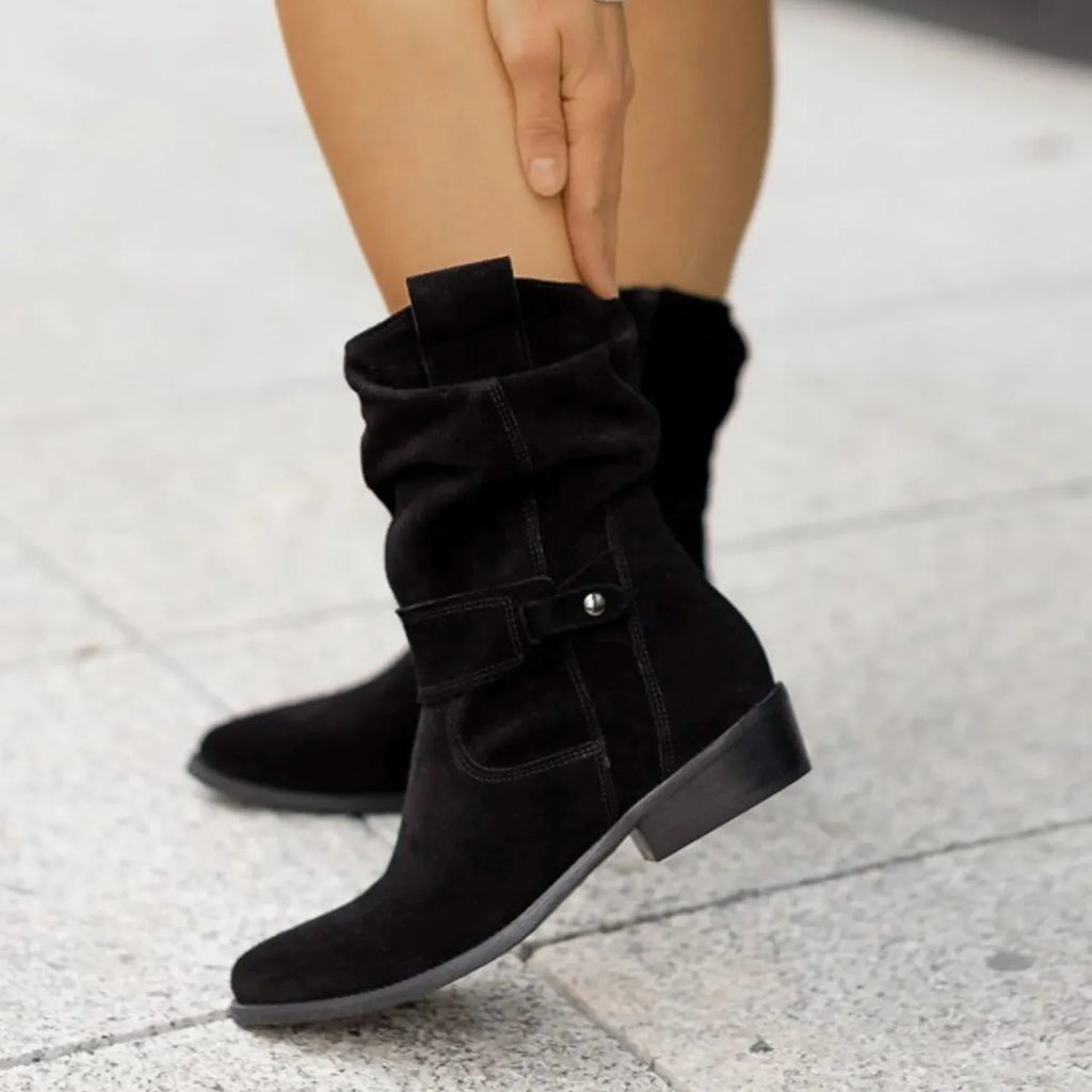 Women's Slouch Suede Ankle Boots with Wooden Block Heel 6