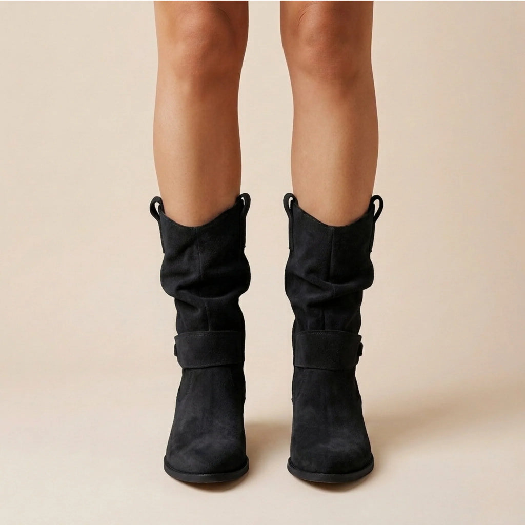 Women's Slouch Suede Ankle Boots with Wooden Block Heel 7
