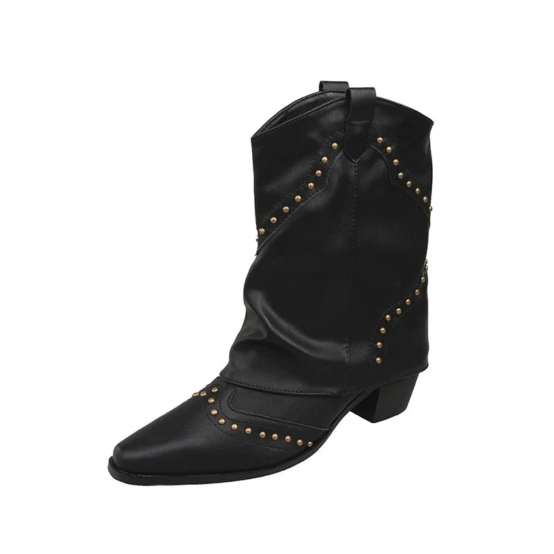 Women's Slouchy Cowboy Boots with Studded Detailing and Block Heel 0