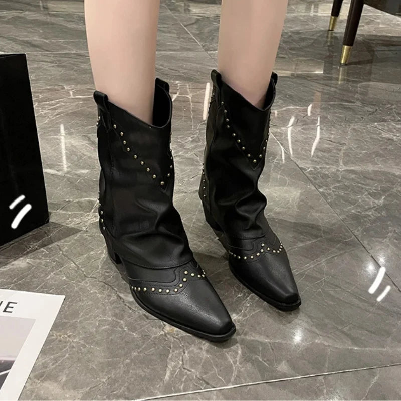 Women's Slouchy Cowboy Boots with Studded Detailing and Block Heel 3