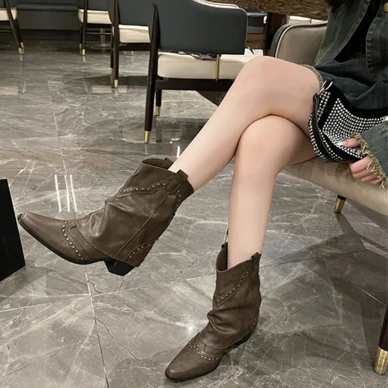 Women's Slouchy Cowboy Boots with Studded Detailing and Block Heel 4