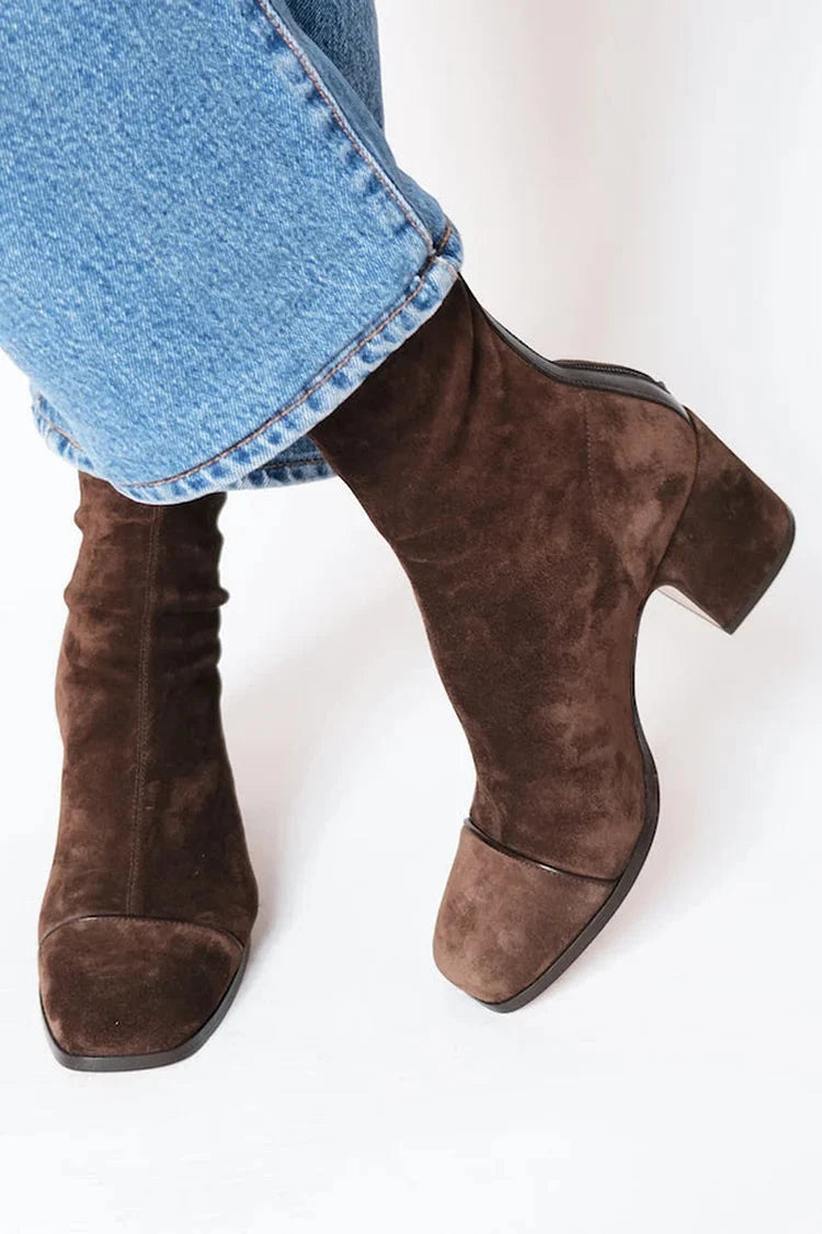 Women's Square Toe Suede Block Heel Booties 0