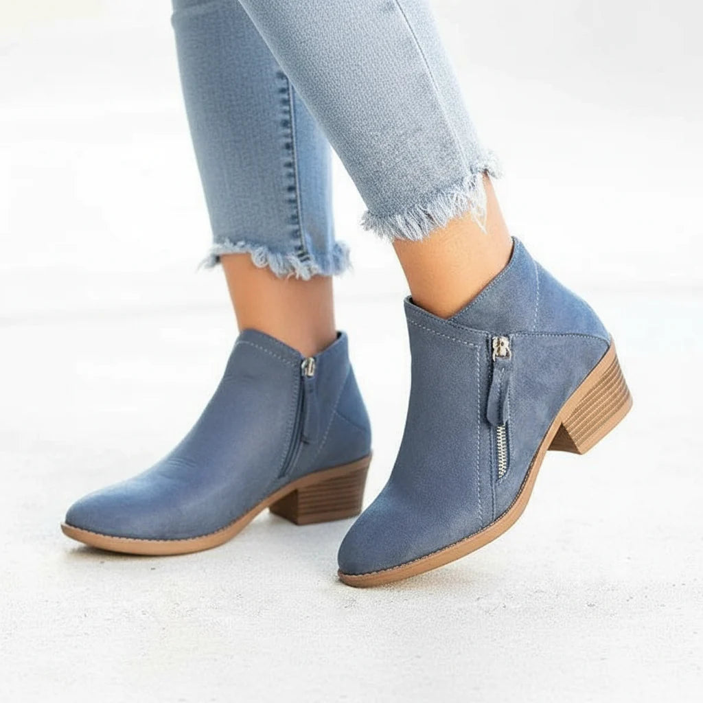 Women's Suede Ankle Booties with Side Zip and Block Heel 0