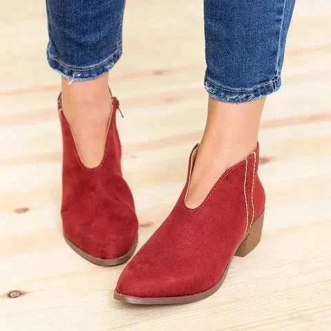 Women's Suede Ankle Booties with V-Cut and Block Heel 0