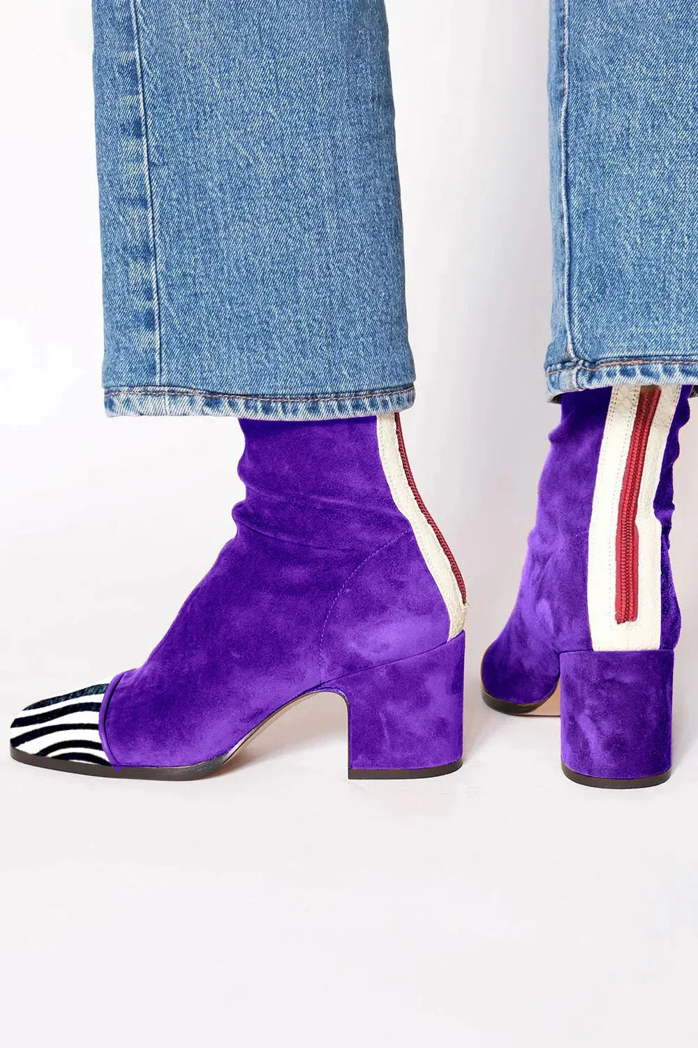 Women's Suede Block Heel Ankle Boots with Striped Detail 0
