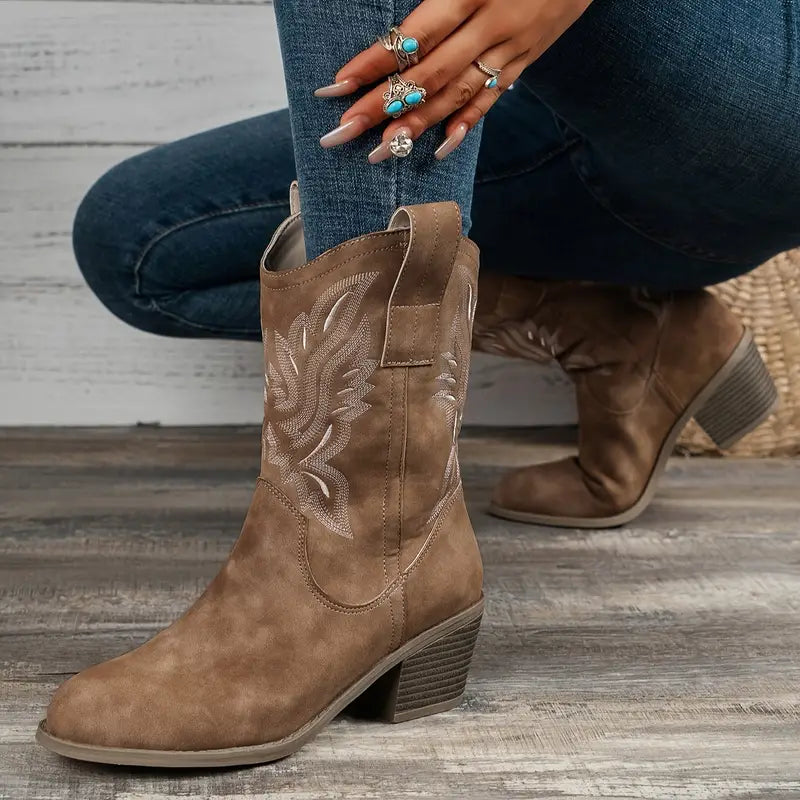 Women's Suede Cowgirl Boots with Embroidered Detailing and Stacked Heel 0