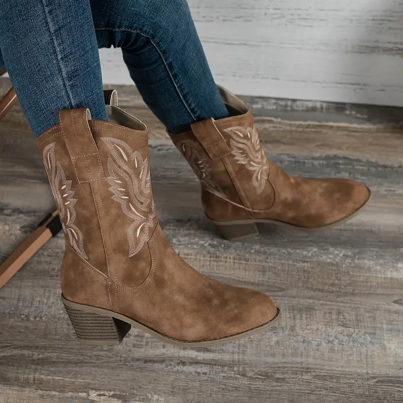 Women's Suede Cowgirl Boots with Embroidered Detailing and Stacked Heel 1