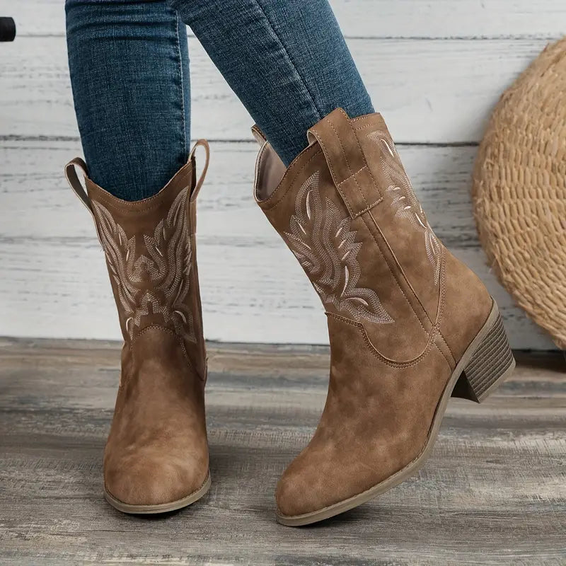 Women's Suede Cowgirl Boots with Embroidered Detailing and Stacked Heel 2