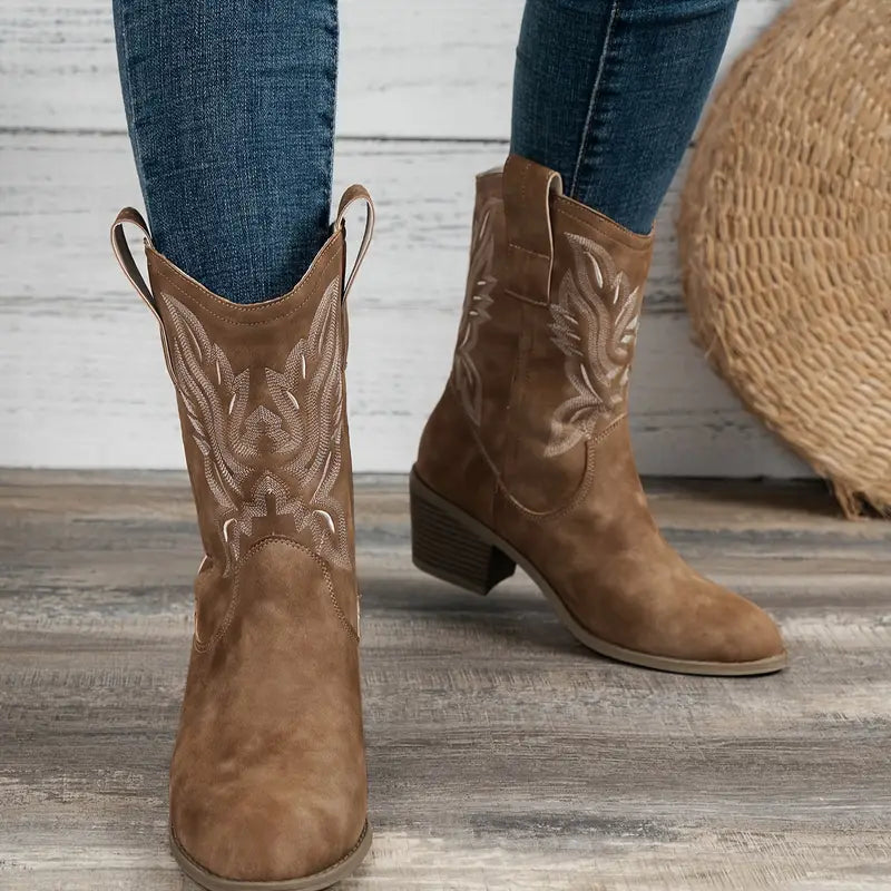 Women's Suede Cowgirl Boots with Embroidered Detailing and Stacked Heel 3