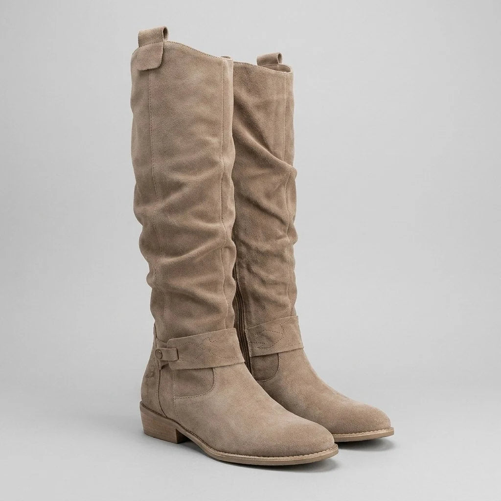 Women's Suede Knee-High Boots with Slouched Shaft and Stacked Heel 0