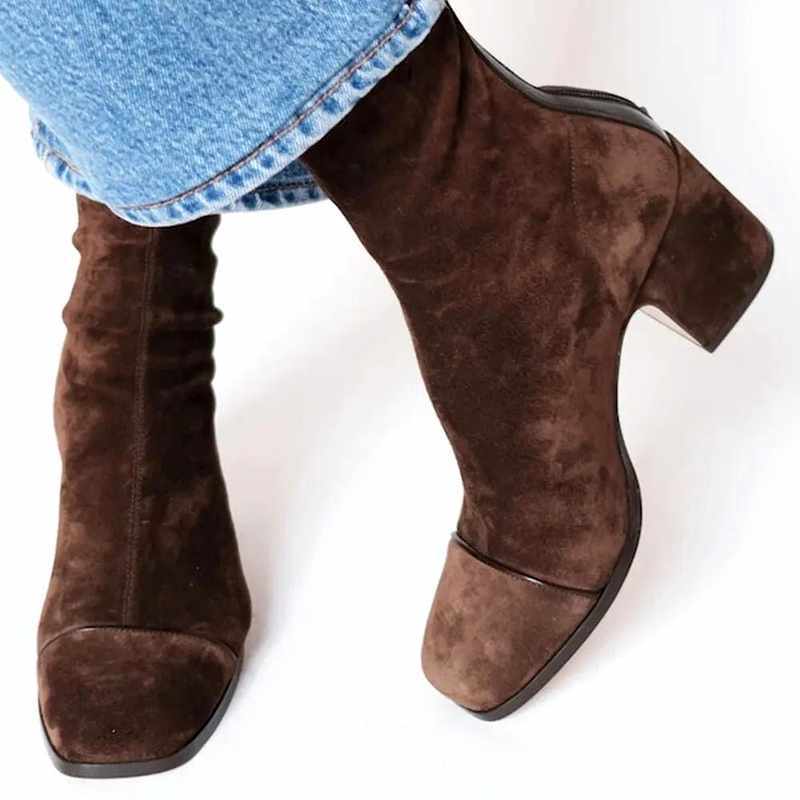 Women's Suede Square Toe Block Heel Ankle Boots 0