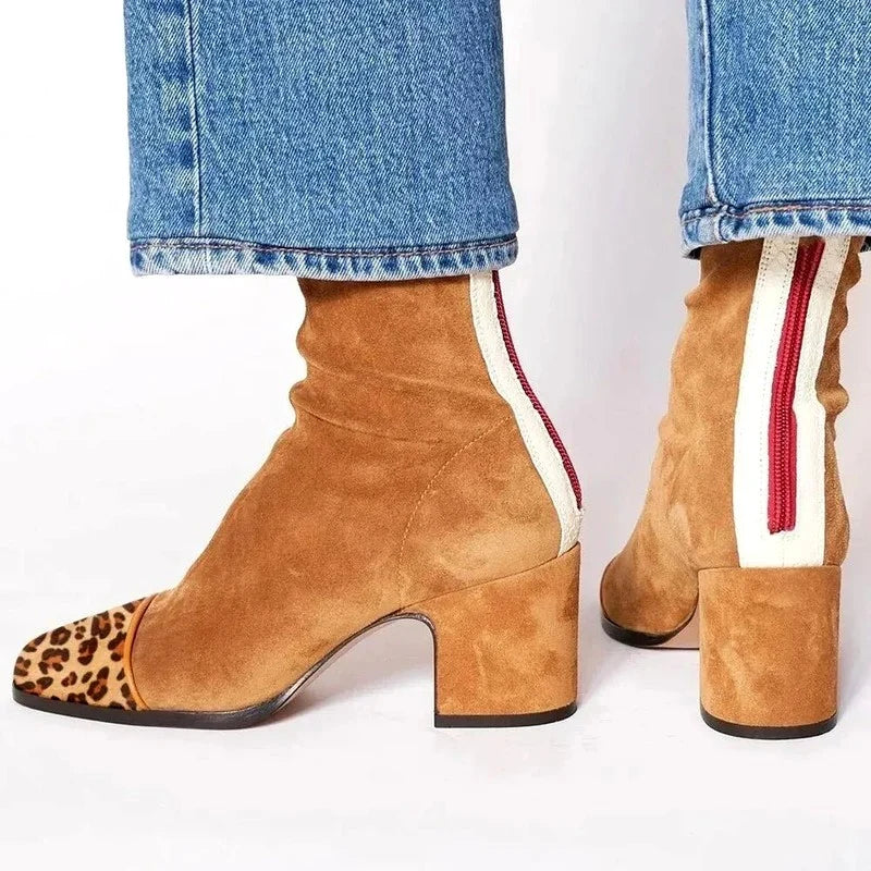Women's Suede Square Toe Block Heel Ankle Boots 5