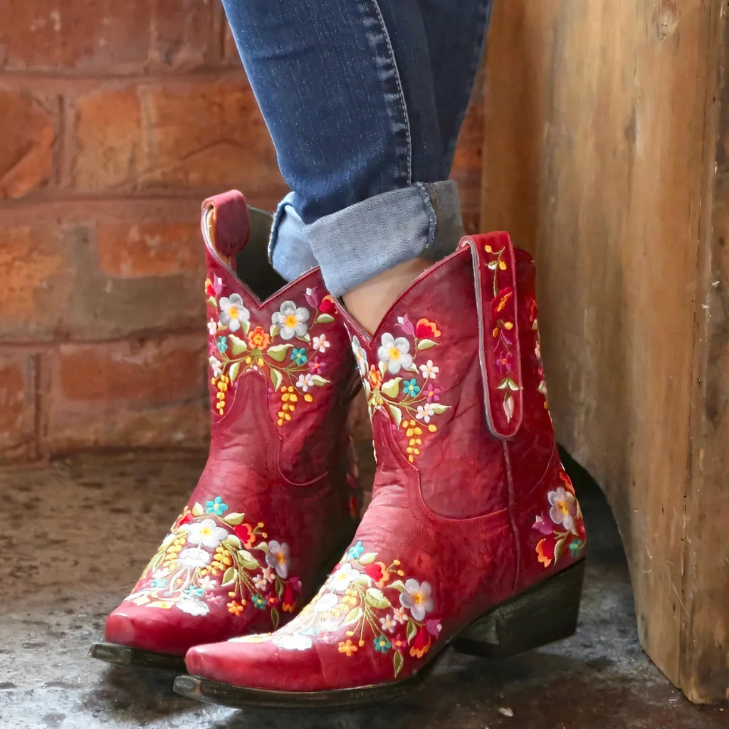 Women's Suede Western Boots with Floral Embroidery 4