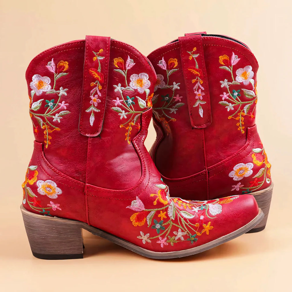 Women's Suede Western Boots with Floral Embroidery 5