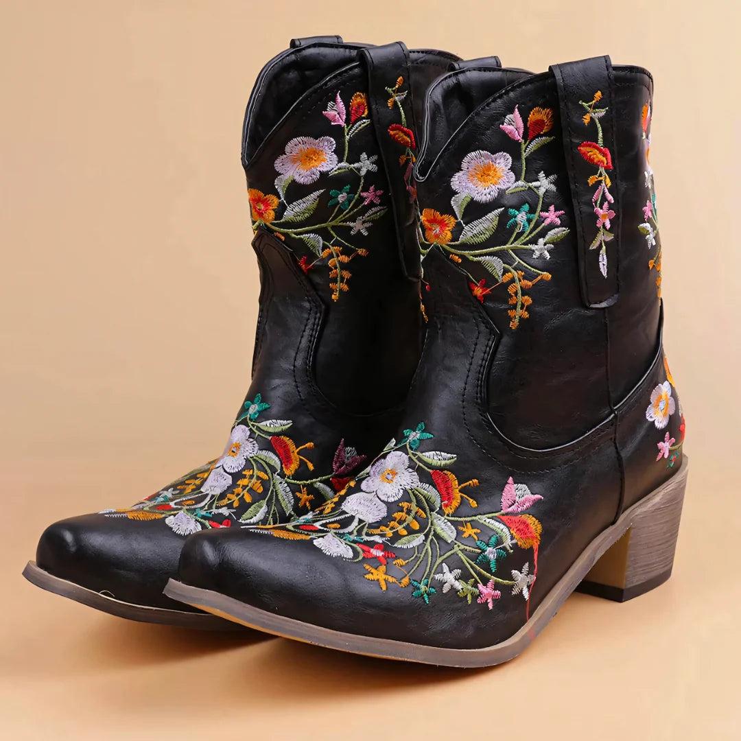 Women's Suede Western Boots with Floral Embroidery 6