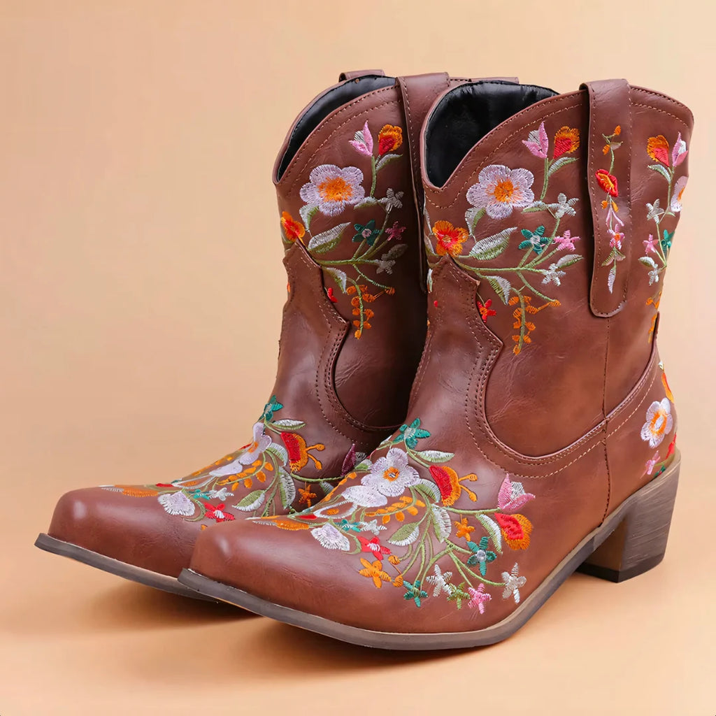 Women's Suede Western Boots with Floral Embroidery 7