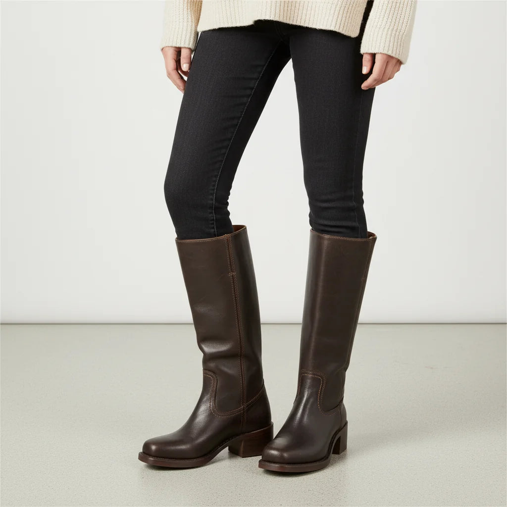 Women's Tall Leather Boots with Stacked Heel and Ankle Support 0