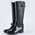 Women's Waterproof Tall Rain Boots with Buckle and Block Heel 0