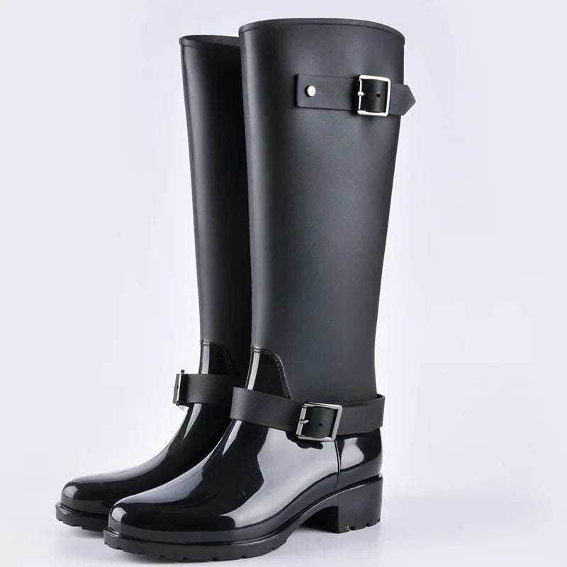 Women's Waterproof Tall Rain Boots with Buckle and Block Heel 0