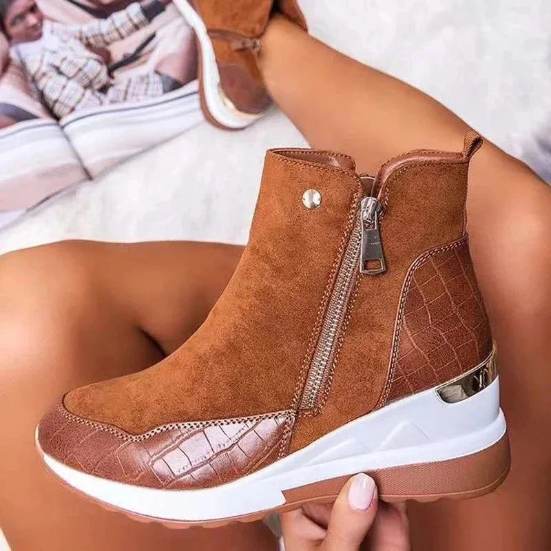 Womens Wedge Ankle Boots with Crocodile-Embossed Panels and Side Zip 0
