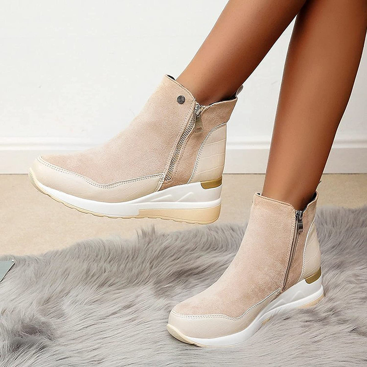 Womens Wedge Ankle Boots with Crocodile-Embossed Panels and Side Zip 5