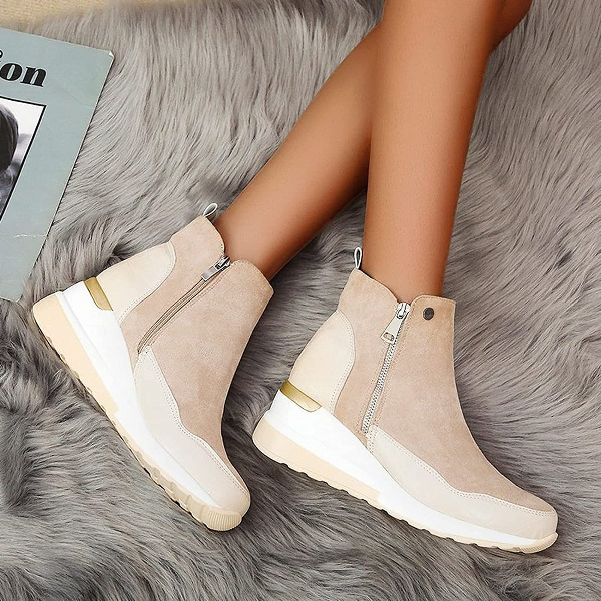 Womens Wedge Ankle Boots with Crocodile-Embossed Panels and Side Zip 6