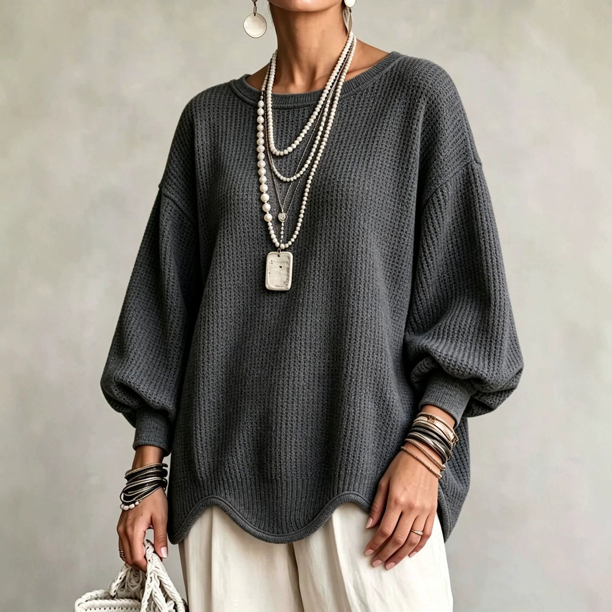 Women's Top - Round Neck, Lantern Sleeves and Wavy Hem