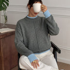 Half-Turtleneck Color-Block Sweater - Loose and Modern