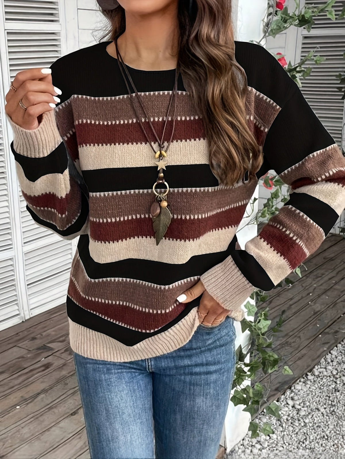 Women’s Striped Round Neck Sweater – Soft Casual Knit
