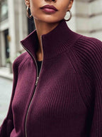 Women’s Zip-Up Puff-Sleeve Cardigan – Modern Cozy Layer