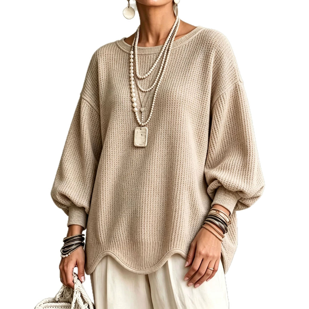 Women's Top - Round Neck, Lantern Sleeves and Wavy Hem