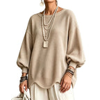 Women's Top - Round Neck, Lantern Sleeves and Wavy Hem