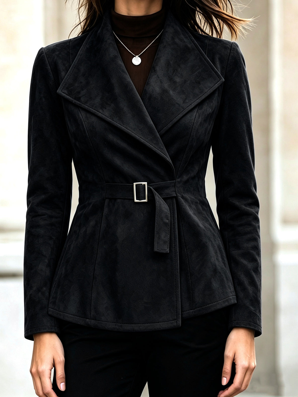 Women’s Faux Suede Lapel Coat – Elegant Long Sleeve Outerwear